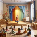 DALL·E 2024-03-07 20.36.53 - Envision a scene where a child is happily performing in a theater piece within a Montessori classroom. The setting is tastefully colorful, with a bala