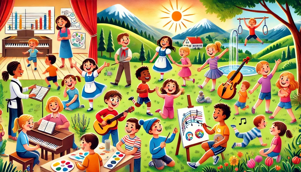 an-illustration-of-a-group-of-happy-children-aged-5-10-engaging-in-various-activities-such-as-singing-painting-theater-yoga-and-gymnastics-